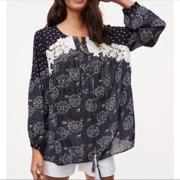 Ann Taylor Loft Dark Floral Print Lace Tassel Peasant Boho Long Sleeve Blouse - - Picture 1 of 11